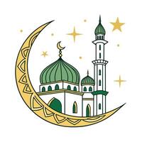 line art illustration depicts a mosque under a crescent moon and stars, creating a serene and peaceful mood. vector