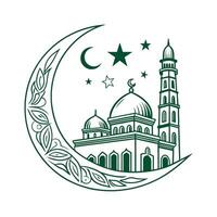 A stylized, outline drawing of a mosque nestled within a crescent moon, adorned with stars. vector