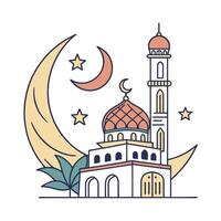 This stylized graphic showcases a mosque, crescent moon, and star, set against a white background. vector