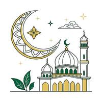 A charming and stylized illustration of a mosque at night, nestled beneath a crescent moon and adorned with stars. vector