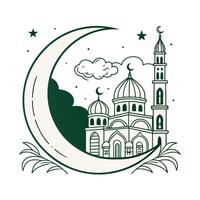 A simple illustration of a mosque under a crescent moon, perfect for Ramadan. vector