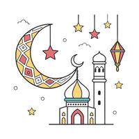stylized illustration of a mosque at night, nestled beneath a crescent moon and adorned with stars. vector