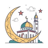 This minimalist, line art illustration depicts a mosque under a crescent moon and stars, creating a serene and peaceful mood. vector