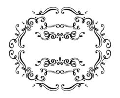 Design elements set, decorative flourish border corner and frame collection for invitation, menu and page decoration on black colour. vector