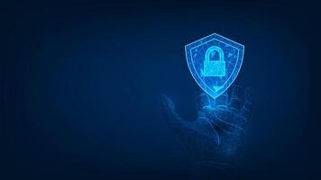 Security system lock shield in hand polygon shape. Internet privacy protection or cyber protection or antivirus. Techniligy futulistic background. vector