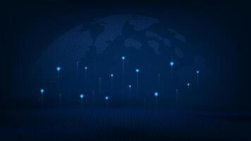 Digital communication global concept, cyber cloud network big data visualization. Futuristic world map with digital technology interface. vector