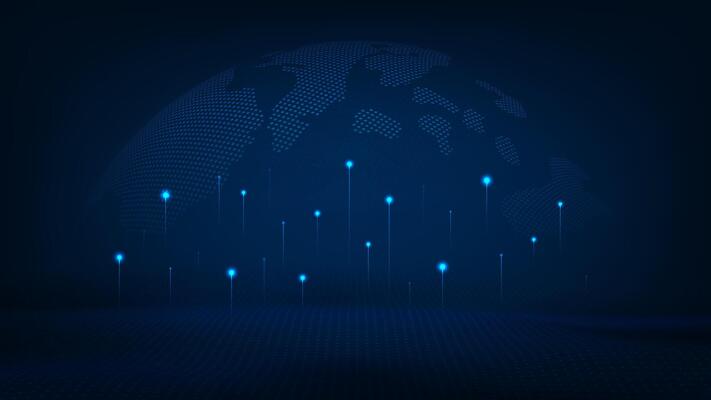 Digital communication global concept, cyber cloud network big data visualization. Futuristic world map with digital technology interface.
