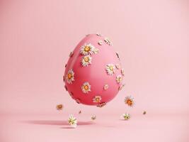 3D render of an Easter egg with daisy flowers. Modern minimalistic holiday card concept with copy space. Happy Easter - postcard, banner, pastel pink poster. photo