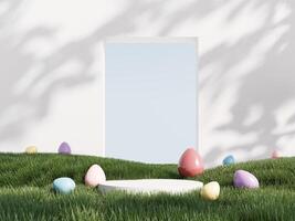Happy Easter holiday greeting card with colorful painted eggs. 3d render of podium, showcase, display in green grass. Unobtrusive botanical background with shadow on the wall. photo