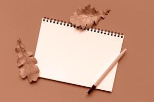 Mockup. White sheet of paper, fallen autumn oak leaves and pen on Mocha and Mousse, brown background. Notebook for notes. Demonstrating color of 2025 year photo