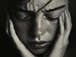 Young woman holding face expressing sadness and depression photo