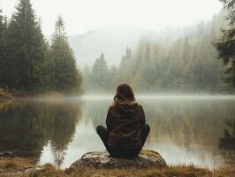 Woman meditating by a misty lake in the forest, enjoying peaceful atmosphere photo