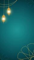 Looping Animation Of Simple Decorative Vertical Backdrop With Glowing Islamic Lanterns And Geometric Rosette on Teal Background video