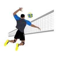 Professional volleyball player attacks over net. Athlete jumps, swings to hit ball. Sportsman in uniform plays team sport game. Dynamic motion. Flat isolated illustration on white background vector