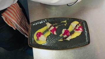 Plating Starter With Cod Foam Fish And Potato Puree Base With Caramelized Onions video