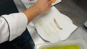 Preparation Of Second Course Food With Sliced Potatoes And Fish In Restaurant video
