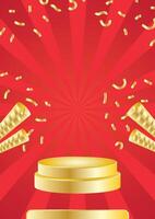 golden podium design with gold confetti ornaments and red background with sunburst effect vector