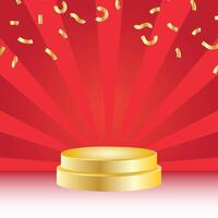 golden podium with gold confetti ornaments and red background with sunburst effect vector