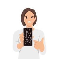 Woman Pointing to a Broken Cell Phone Display. vector