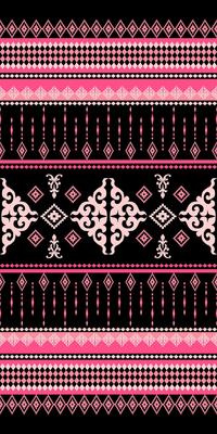Ethnic Aztec Traditional Ornate Ikat Pink Embroidery on Black Background Seamless Pattern. Carpet, Kebaya, ornament floral, pattern, design for wrapping, silk, scarf, background, textile, carpet, rug.