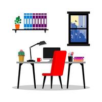 modern workspace with computer table, chair, lamp and bookshelves vector