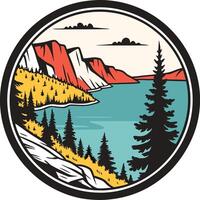 A round sticker with a lake and mountains vector