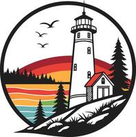 The lighthouse and the trees are in the background vector