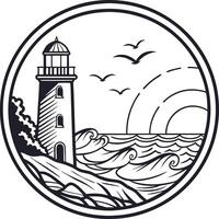 A lighthouse in a circle with waves and birds vector