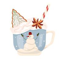 Mug with cocoa or latte with spices and gingerbread to keep warm on winter days. Atmospheric cup with snowman. Christmas mood illustration in . For holiday advertising, baking, banners and card vector