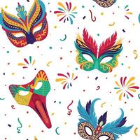 Vibrant seamless pattern featuring variety of ornate carnival masks Each masquerade mask is decorated with intricate design, feathers and beads capturing lively spirit of festive celebrations. vector