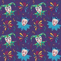 Seamless pattern featuring jester masks and vibrant fireworks against rich purple background Playful combination creates lively festive atmosphere perfect for carnival, masquerade-themed design vector