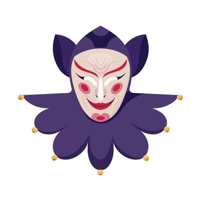 Deep purple jester carnival mask adorned with bells and jabot. Dramatic joker-style masquerade mask for Mardi Gras. Venetian party clown face covering. Festive flat illustration isolated