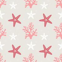 Marine pattern with pink corals and starfish on soft beige background. The pastel light pattern conveys cozy underwater world. vector