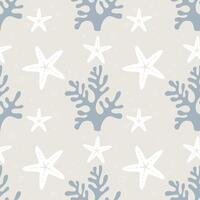 Corals gray and starfish white, marine pattern on soft beige background. The pastel light pattern conveys cozy underwater world. vector