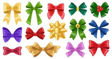 Festive bows set. Collection of bright multicolored decorative bows with ribbons for Christmas, birthday and parties. vector