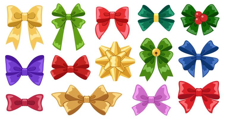Festive bows set. Collection of bright multicolored decorative bows with ribbons for Christmas, birthday and parties.