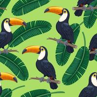 Tropical summer seamless pattern with toucans and banana leaves. Exotic bird sitting on a branch and leaves background. Fashionable pattern for fabric, wallpaper and more. Green background. vector