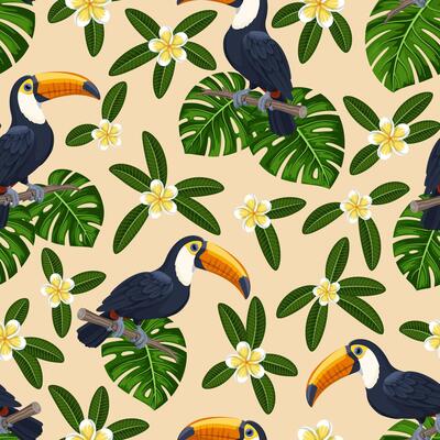 Tropical summer pattern with exotic birds, flowers and leaves. Brazilian toucan background sitting on a branch among plumeria flowers and tropical monstera leaves. Bright summer jungle background.