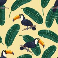 Tropical summer pattern with exotic birds and leaves. Toucan sitting on a branch and leaves background. Fashionable seamless pattern for wallpaper, fabric and various designs. Yellow background. vector