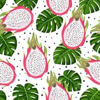 Exotic fruits and leaves seamless pattern. Tropical background with pitahaya and monstera leaves. Excellent pattern for fabric, wallpaper and other design. White background. vector