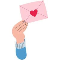Hand holding a Valentines Day envelope with a heart symbol. Happy Valentines day vector