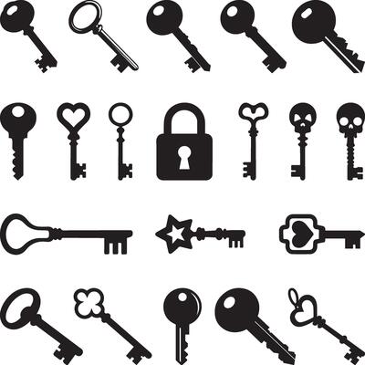 Set of black silhouettes of door keys. Key icon set. Vintage key antique door key isolated on white background illustration
