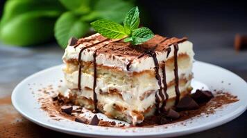 Close up on a portion of gourmet tiramisu Italian dessert topped with a sprig of mint served on a plate at table in a side view. video