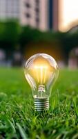 concept eco. close up lightbulb on green grass with sunset and bokeh background. video