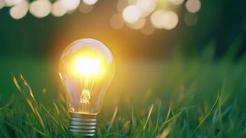 concept eco. close up lightbulb on green grass with sunset and bokeh background. video