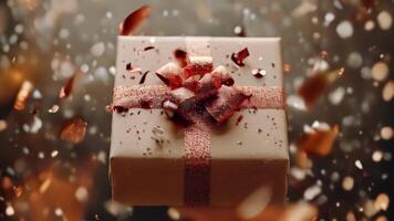 Valentines day concept. box gift box with falling confetti on box background , minimal style, copy space. video