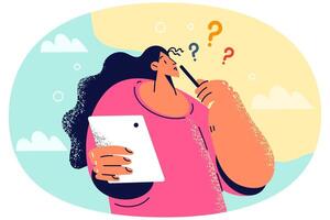 Pensive woman work on tablet think of solution vector