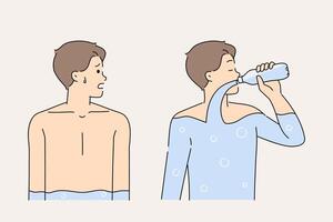 Thirst and exhaustion torment man drinking mineral water from bottle after long run in park vector