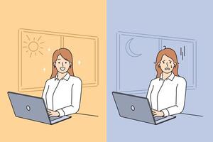 Woman feels tired and exhausted due to overwork and working with computer at night vector