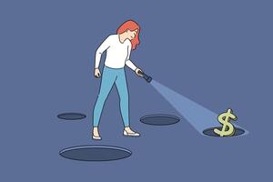 Woman is looking for money using flashlight, shining on dollar symbol sticking out of hole in ground vector